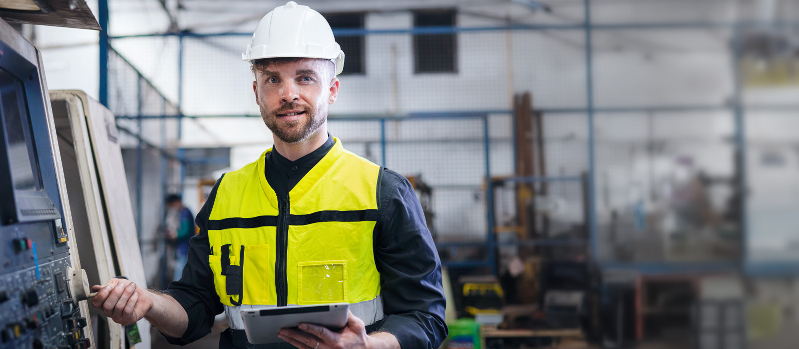 Engineer look projects and planning with tablet mobile in factory